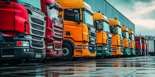 Close up fleet of trucks parked in front of warehouse to delivering factory