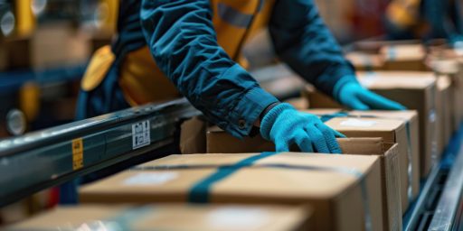 A warehouse worker in gloves handles packages on a conveyor belt organizing